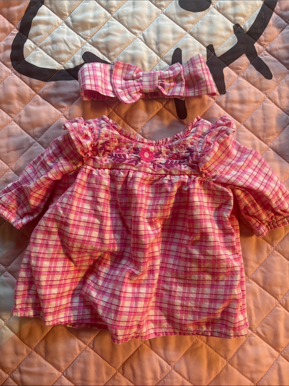GAP Pink Plaid Smocked Long-Sleeve Top with Bow Headband